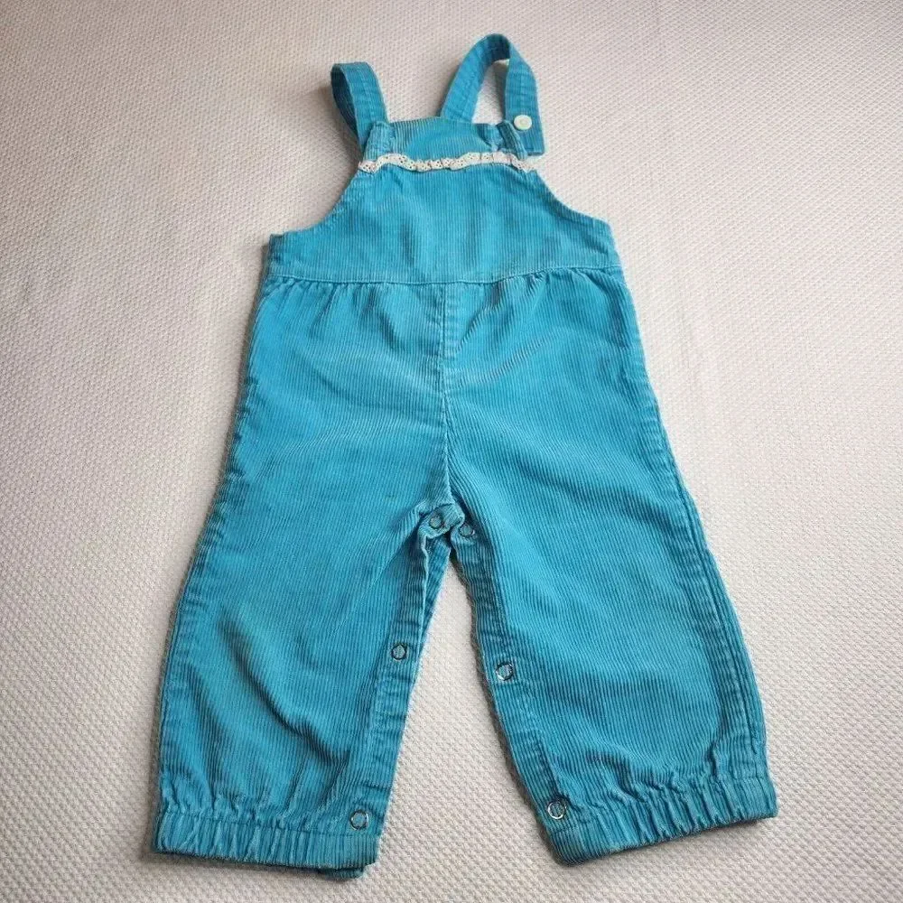 Vintage 70s Corduroy Overalls Teal Blue Ruffle Size 18 Mo Made in the USA